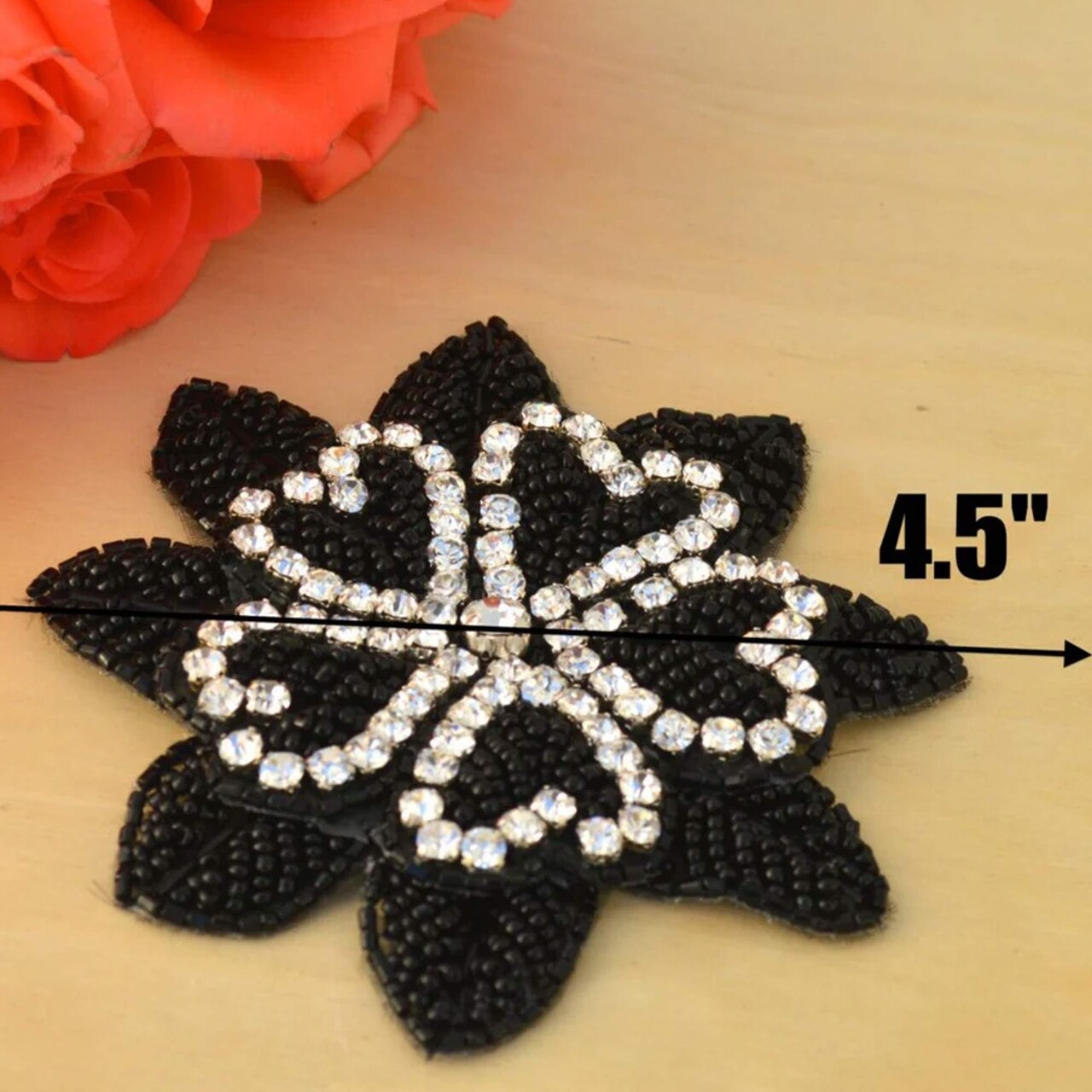 1 Piece 4.5" Width Black Beaded Rhinestone Flower Applique for Dress Embellishment and Costume DIY